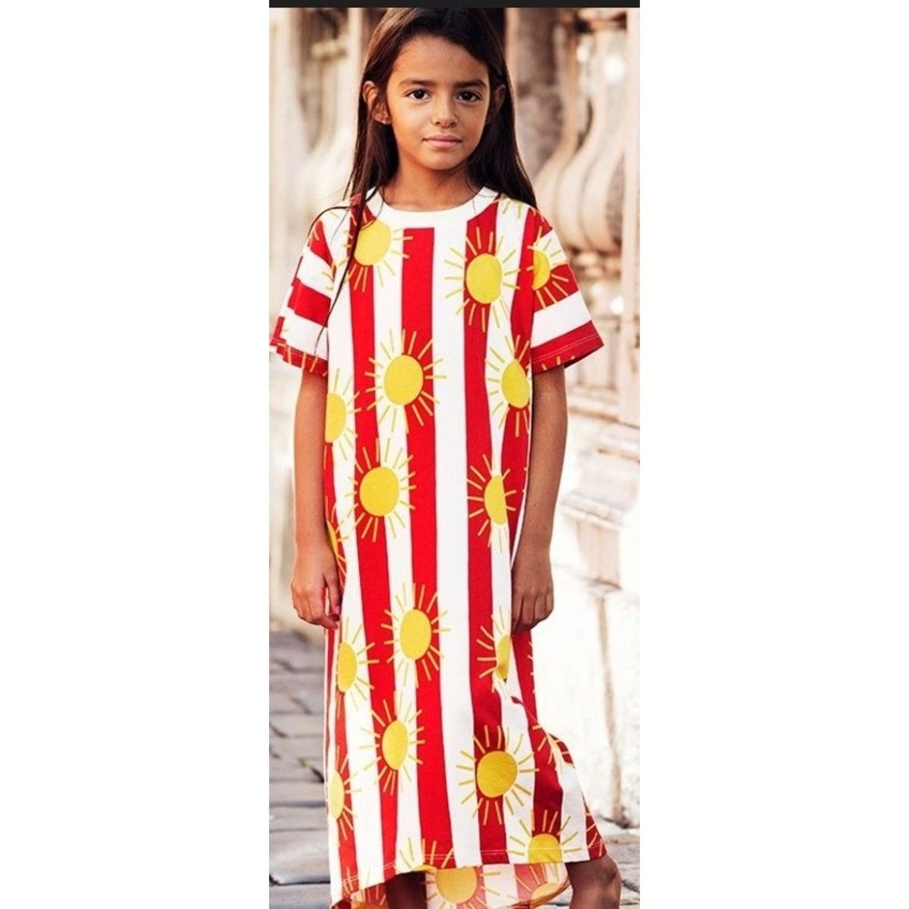 Mini Rodini Kids Sun Stripe Organic Cotton T-Shirt Dress Red White 128-134 8-9Y